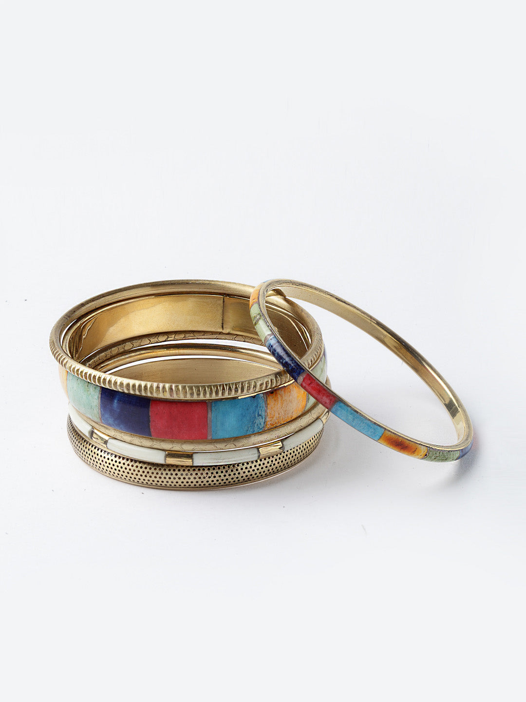 Set Of 6 Gold-Toned Red & Blue Enamelled Handcrafted Bangles