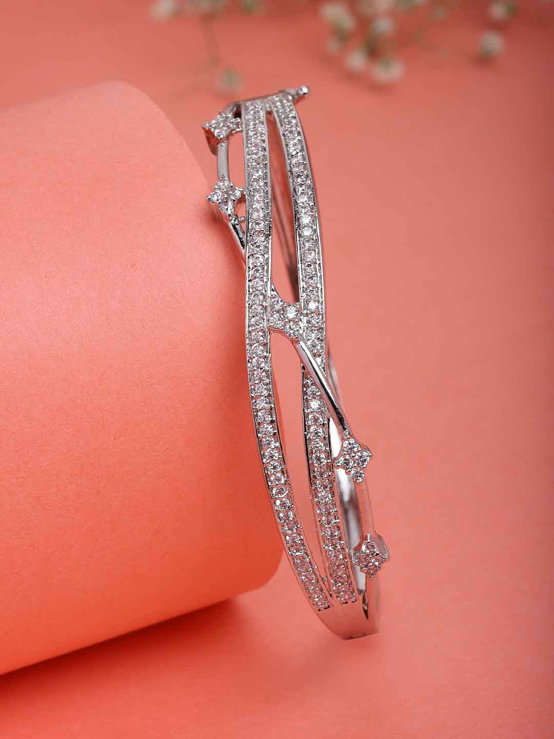 Women White Cubic Zirconia Rhodium-Plated Bangle-Style Bracelet