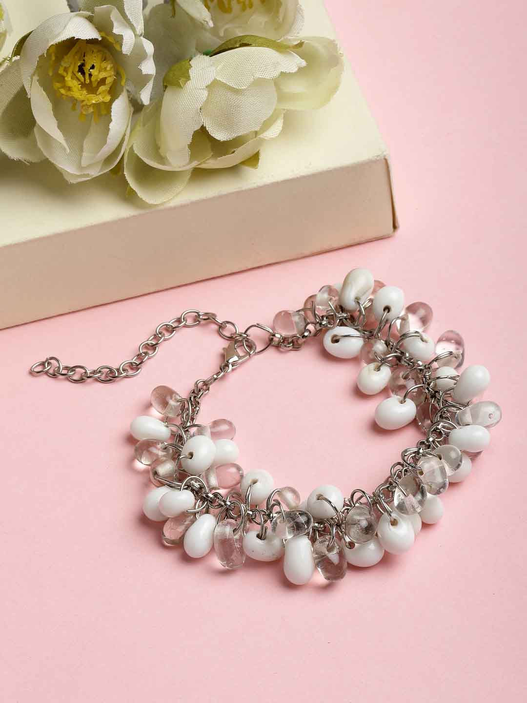 Women Silver-Plated & White Brass Oxidized Charm Bracelet