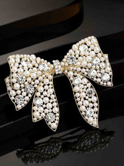 Women Gold-Toned & White Embellished Bow-Shaped Alligator Hair Clip