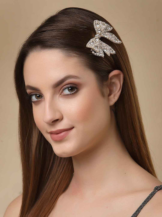 Women Gold-Toned & White Embellished Bow-Shaped Alligator Hair Clip