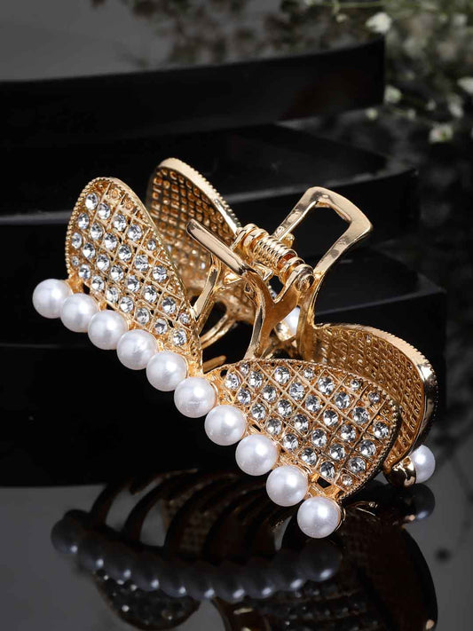 Women Gold-Toned & White Stone-Studded Embellished Pearl Claw Clip