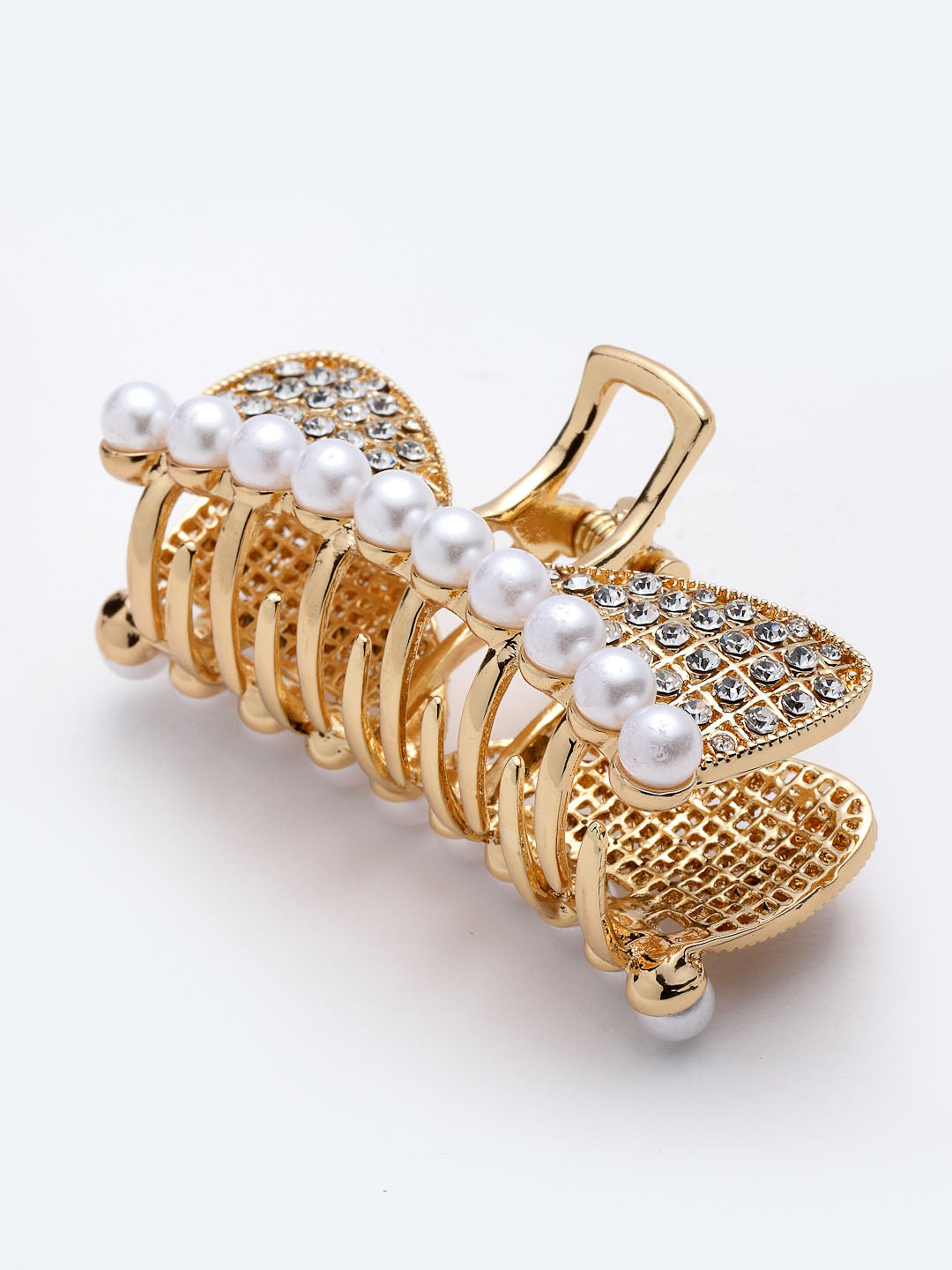 Women Gold-Toned & White Stone-Studded Embellished Pearl Claw Clip