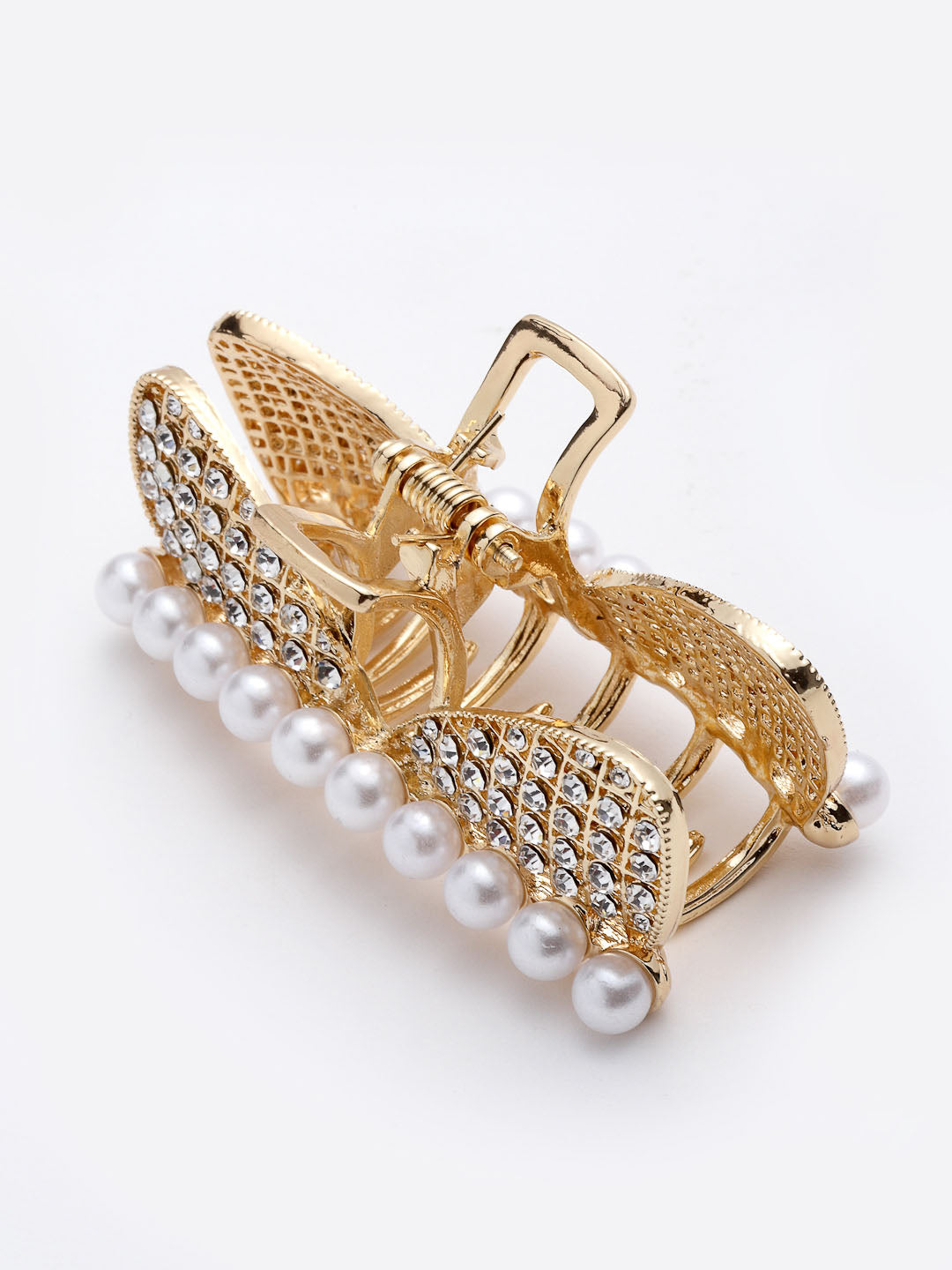 Women Gold-Toned & White Stone-Studded Embellished Pearl Claw Clip