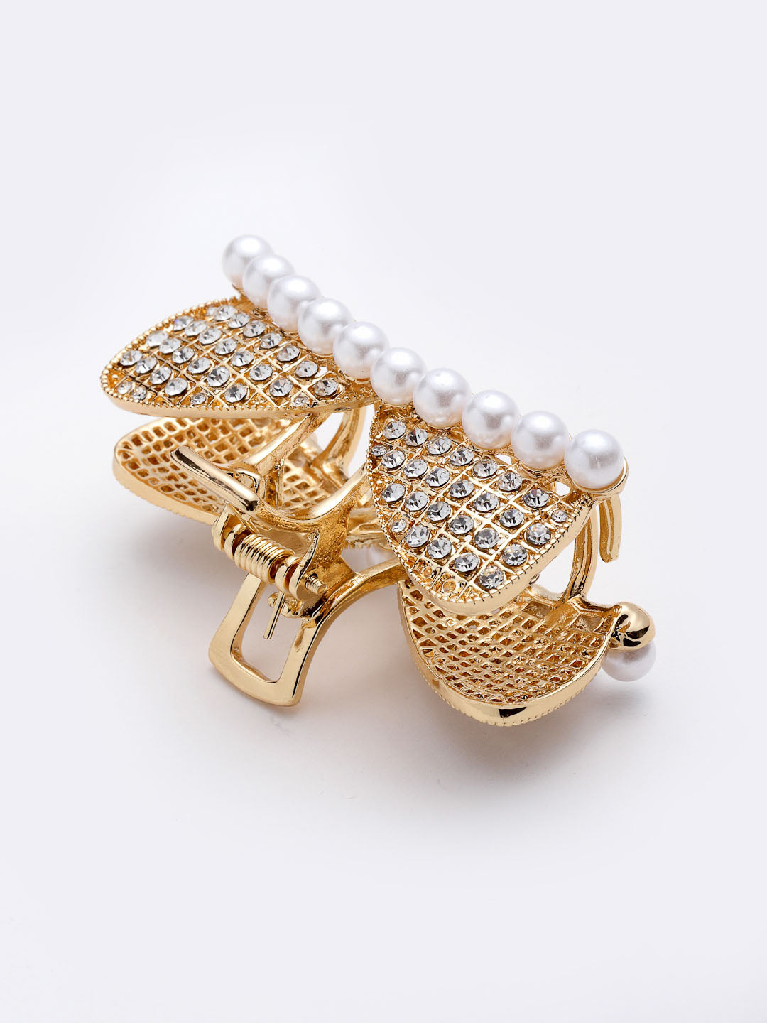 Women Gold-Toned & White Stone-Studded Embellished Pearl Claw Clip