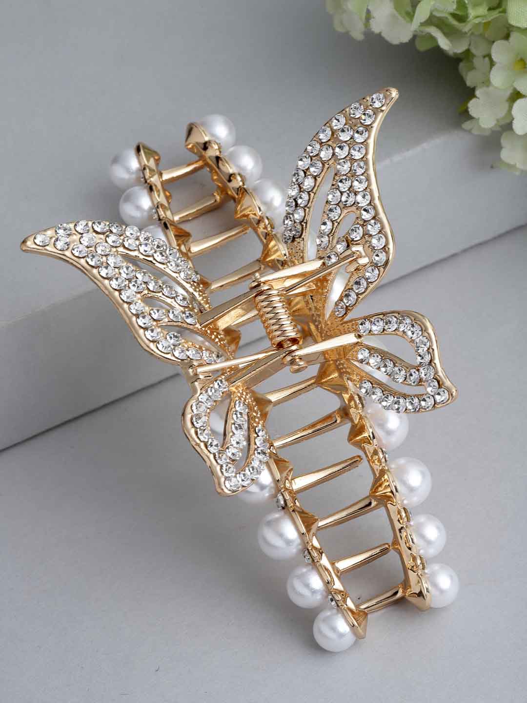 Women Gold-Toned & White Embellished Claw Clip