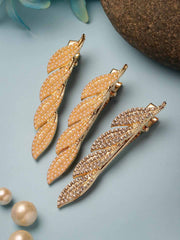 Women Set of 3 Embellished CZ Stone & Pearl Leaf Shaped Alligator Hair Clip