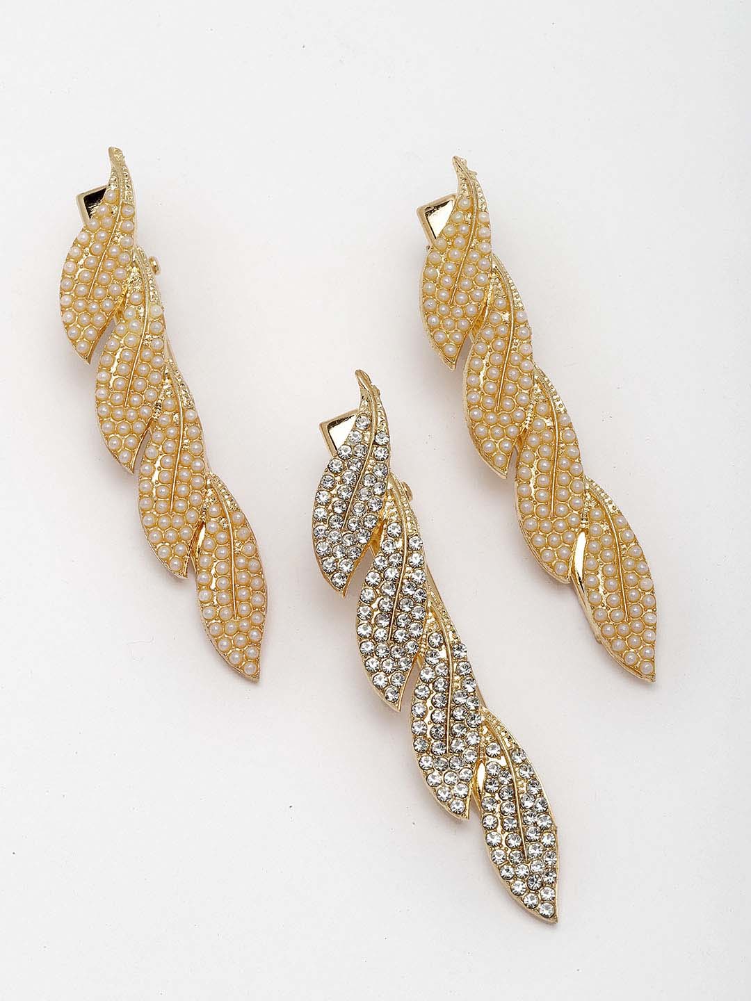 Women Set of 3 Embellished CZ Stone & Pearl Leaf Shaped Alligator Hair Clip