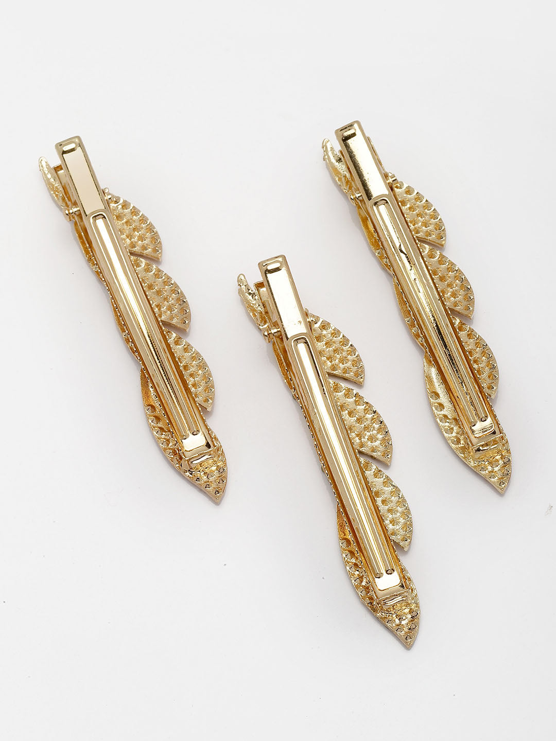 Women Set of 3 Embellished CZ Stone & Pearl Leaf Shaped Alligator Hair Clip