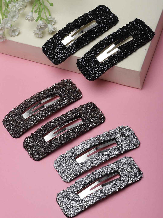 Women Set Of 6 Silver-Plated Handcrafted Embellished Tic Tac Hair Clip