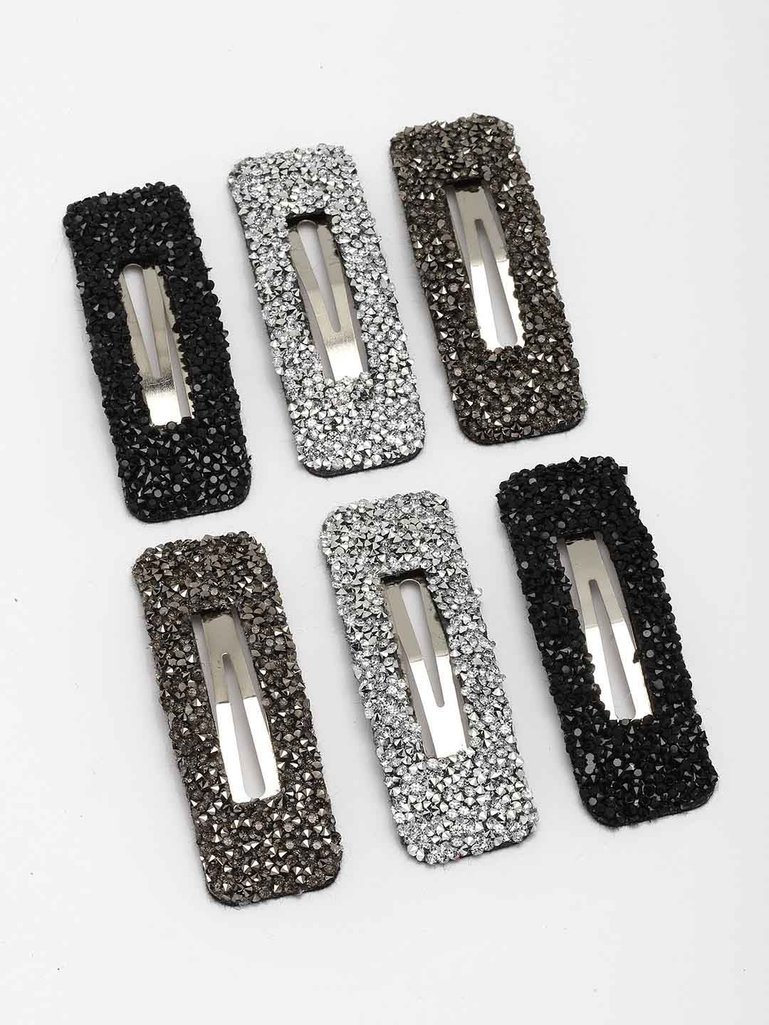 Women Set Of 6 Silver-Plated Handcrafted Embellished Tic Tac Hair Clip