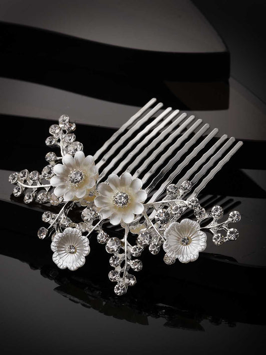 Women Silver-Plated CZ Stone Studded Metal Floral Comb Pin