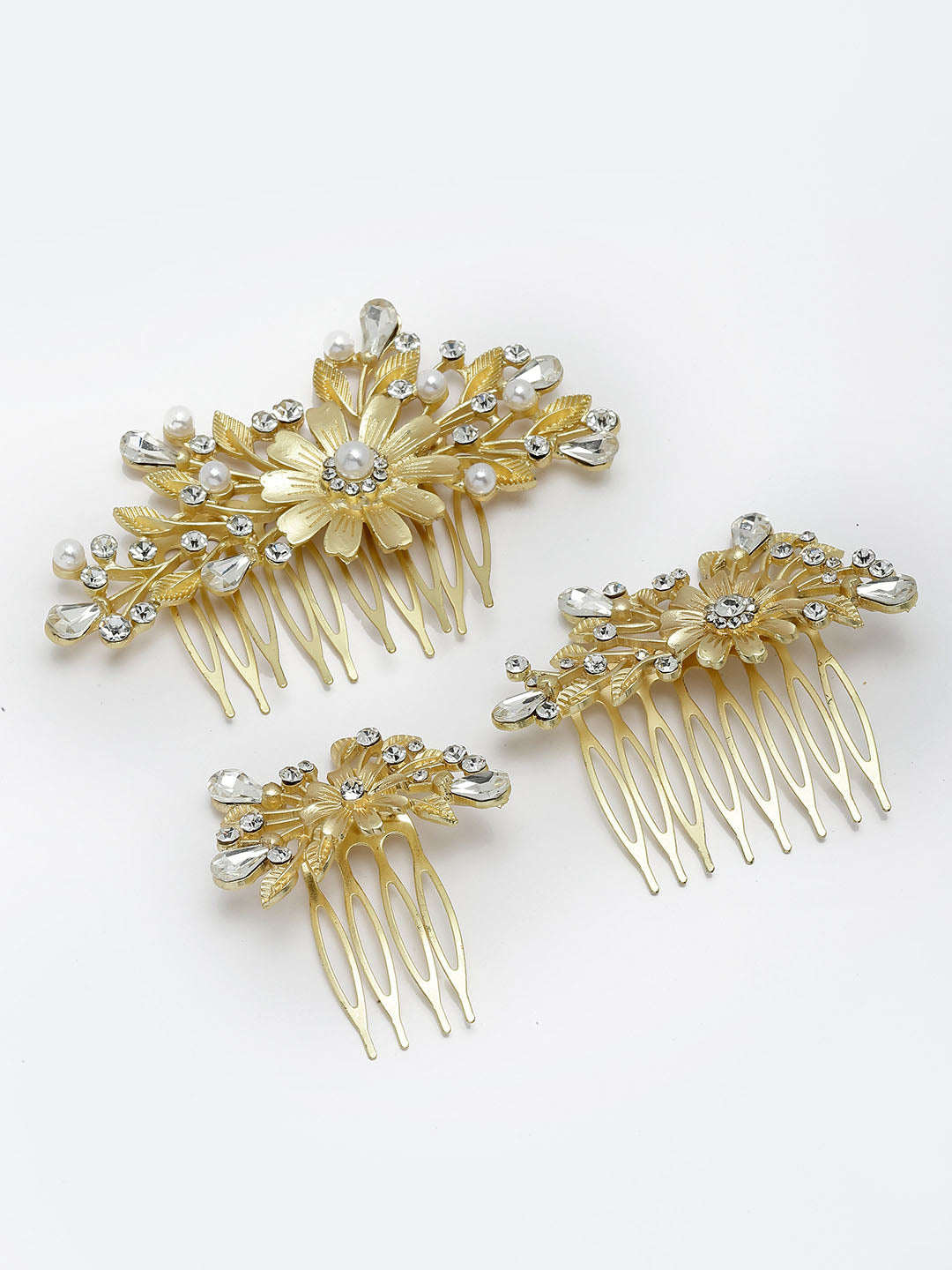 Women Set of 3 Gold-Plated Floral Shaped Embellished Comb Pin