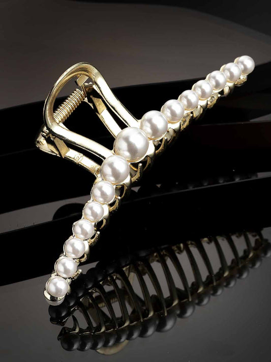 Women White Gold-Plated Beaded Claw Clip