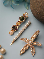 Women Set of 3 Gold-Plated Embellished Bobby Pins