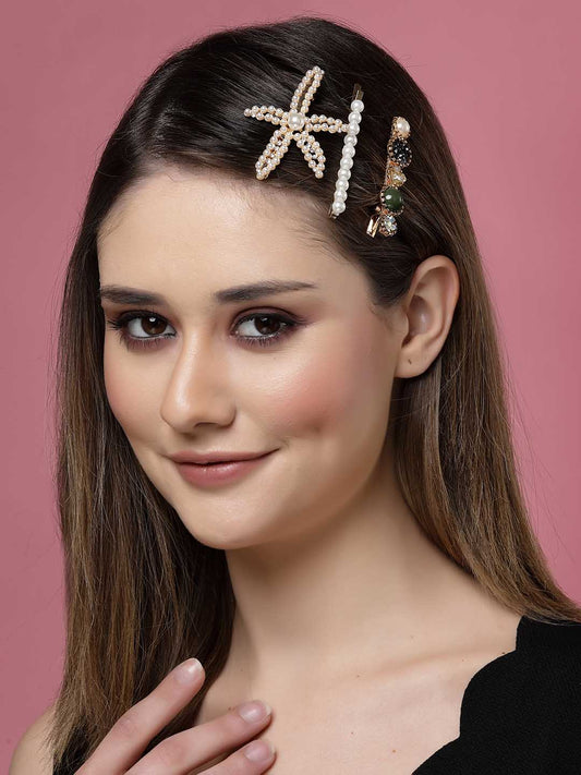 Women Set of 3 Gold-Plated Embellished Bobby Pins