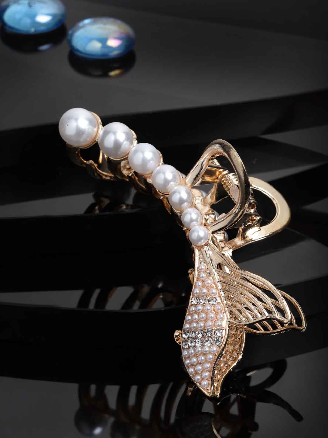 Women Gold-Toned & White Fish Shaped Embellished Pearl Claw Clip