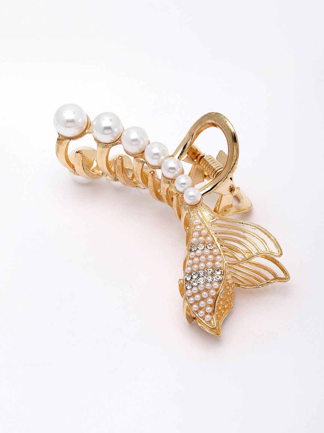 Women Gold-Toned & White Fish Shaped Embellished Pearl Claw Clip