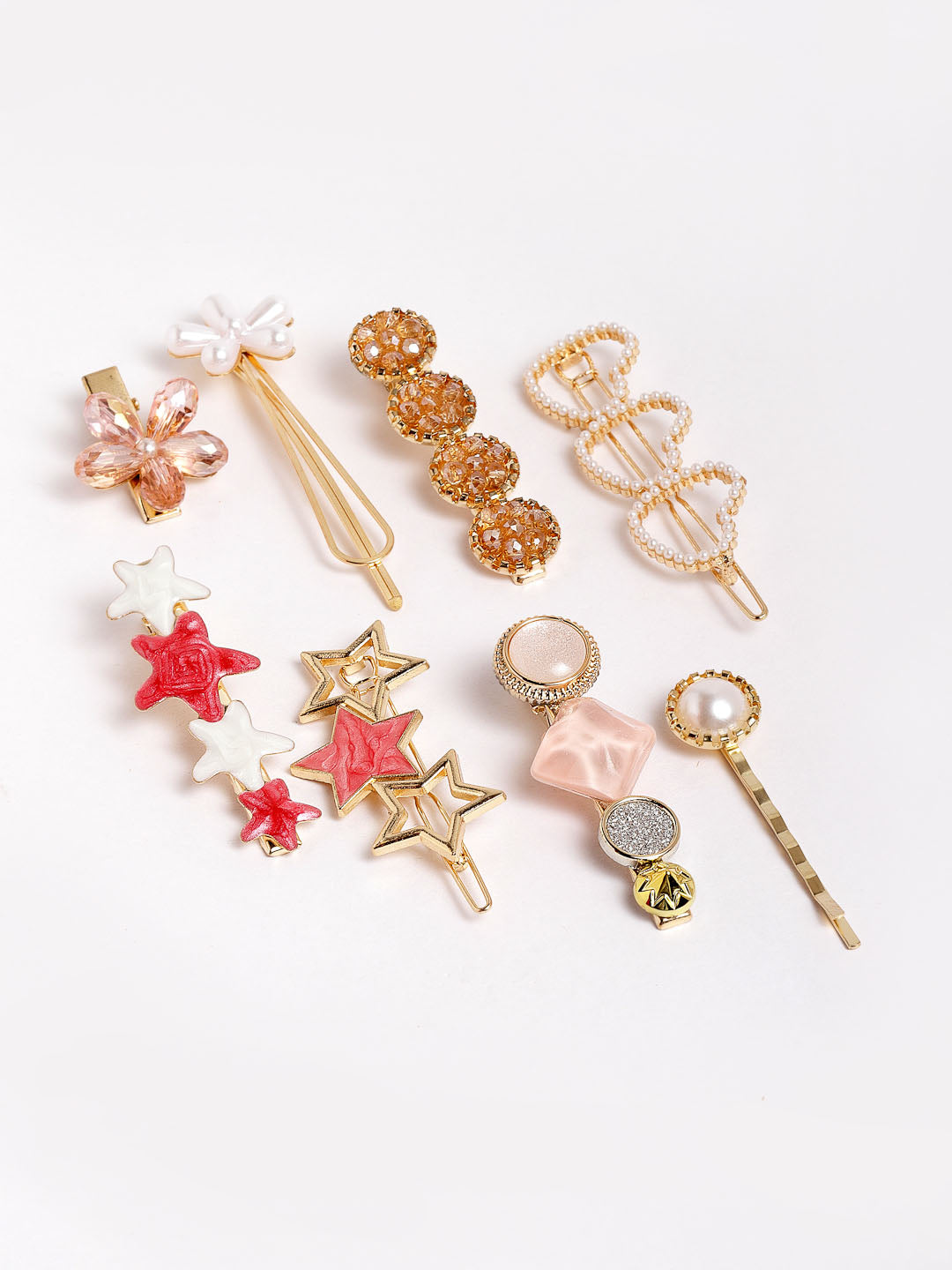 Women Gold-Toned & White Set of 8 Embellished Hair Accessory Set