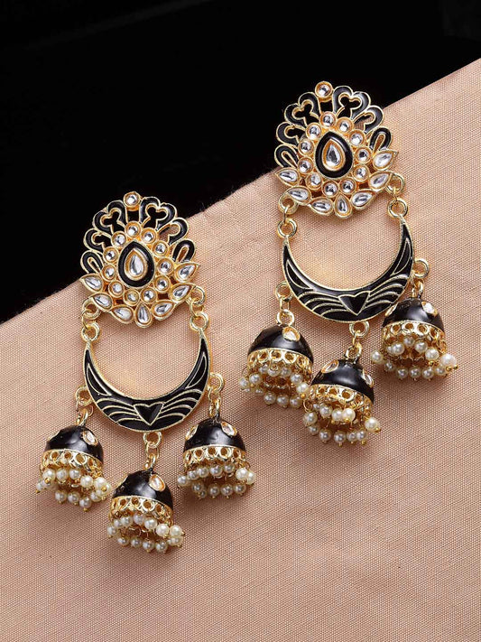 Black & Gold-Plated Crescent Shaped Kundan Jhumkas Earrings