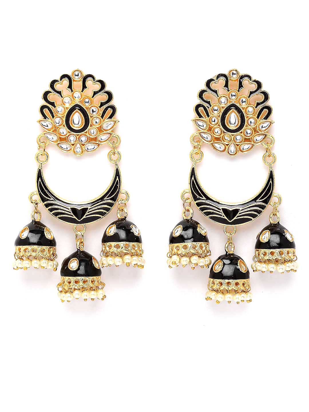 Black & Gold-Plated Crescent Shaped Kundan Jhumkas Earrings