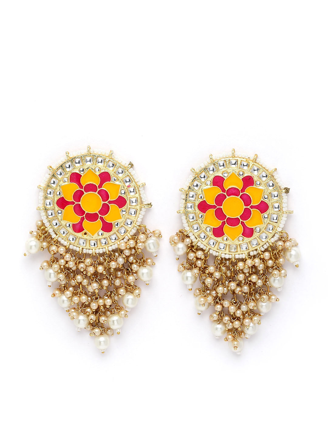 Women Gold-Toned & White Circular Drop Earrings