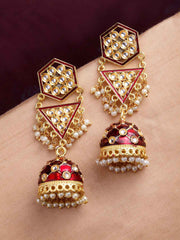 Women Gold Toned And Maroon Meenakari Dome Shaped Jhumkas Earrings