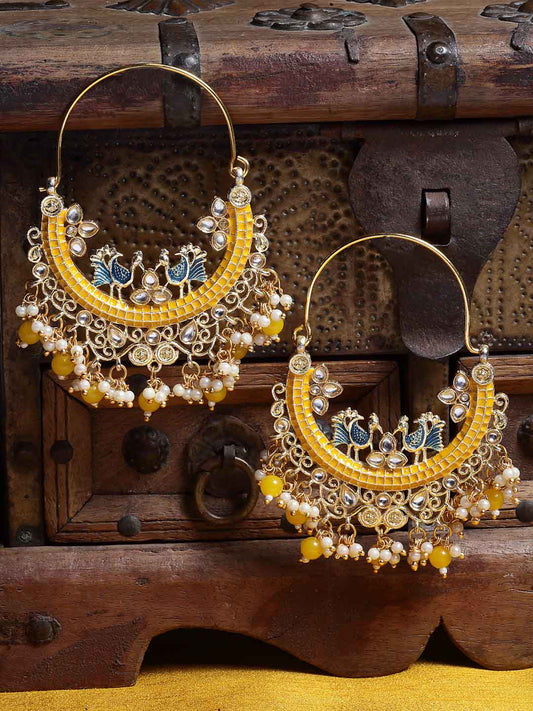 Yellow & Gold-Plated Kundan Crescent Shaped Hoop Earrings