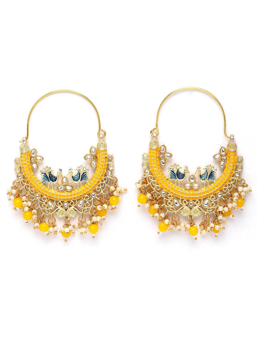 Yellow & Gold-Plated Kundan Crescent Shaped Hoop Earrings