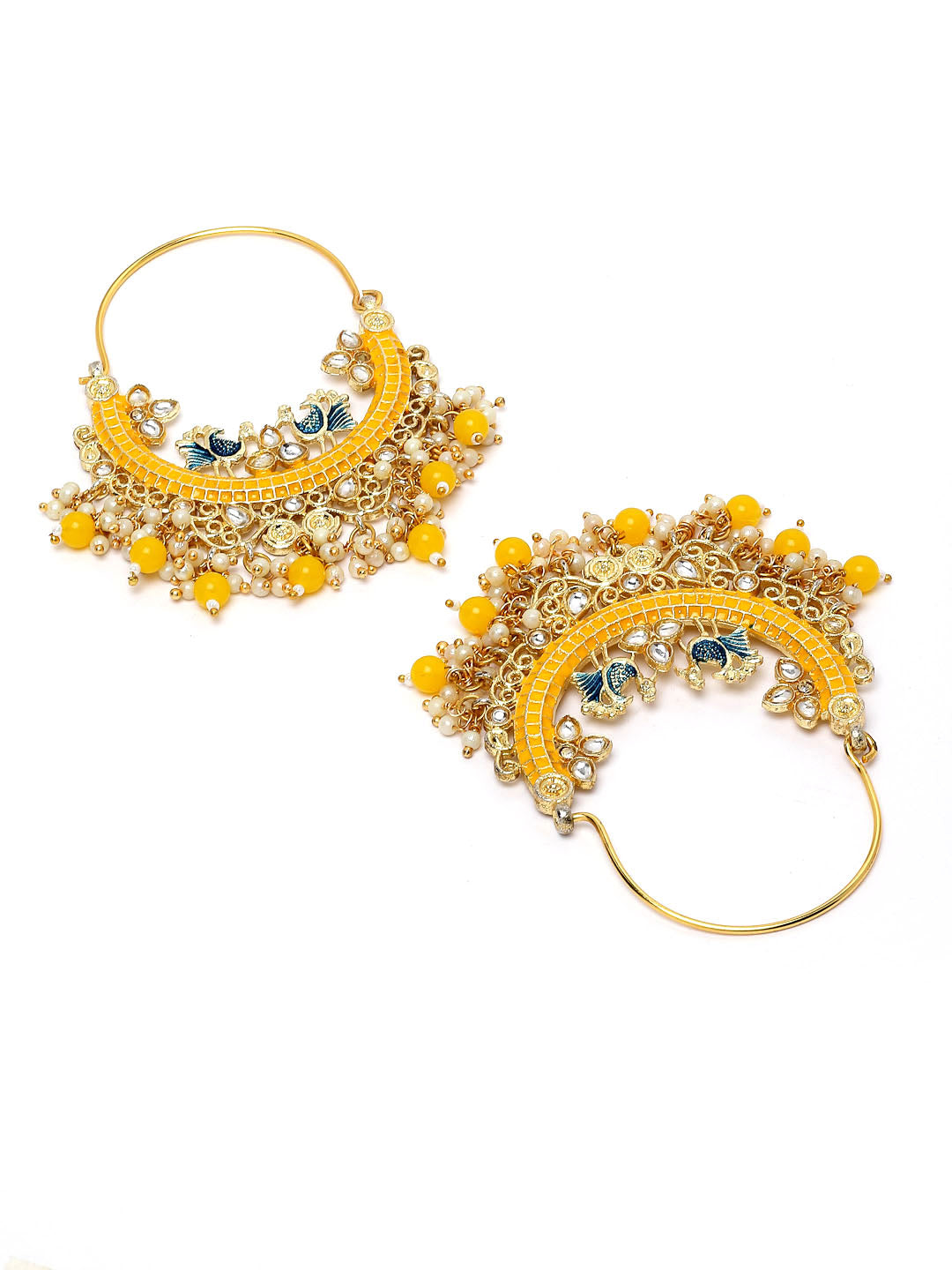 Yellow & Gold-Plated Kundan Crescent Shaped Hoop Earrings