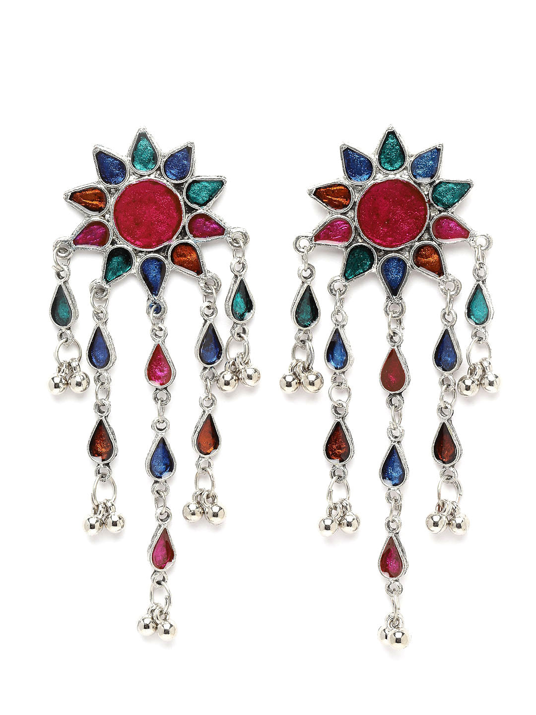 Silver-Toned & Red Star Shaped Drop Earrings