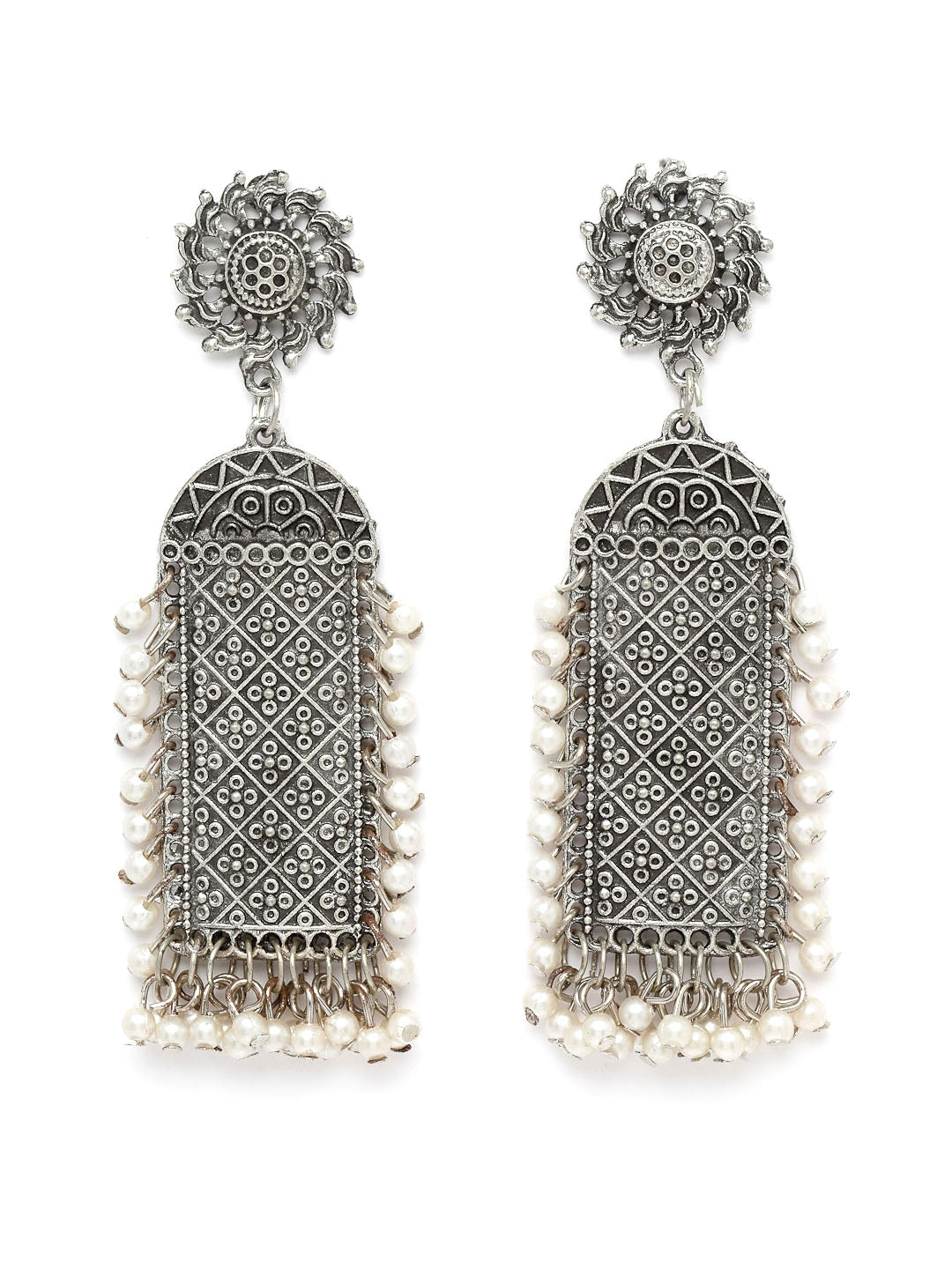 Silver-Toned & White Contemporary Pearl Drop Earrings