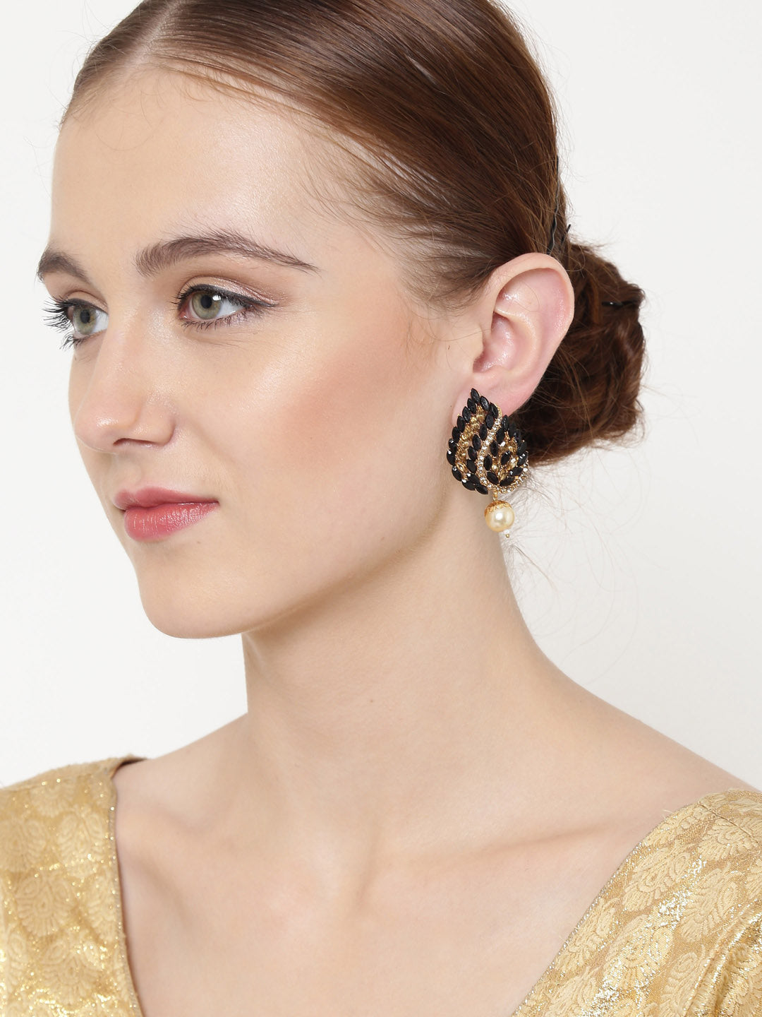 Gold-Plated Gold-Toned & Black Paisley Shaped Handcrafted Studs