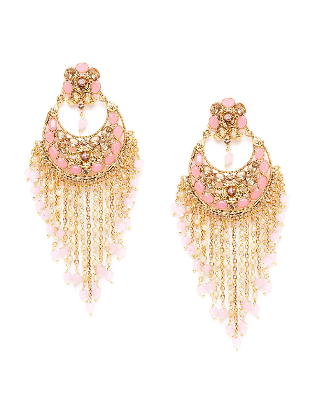 Gold-Plated & Pink Handcrafted Crescent Shaped Embellished Chandbalis