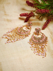 Gold-Plated & Pink Handcrafted Crescent Shaped Embellished Chandbalis