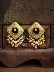 Gold-Toned & Green Square Drop Earrings