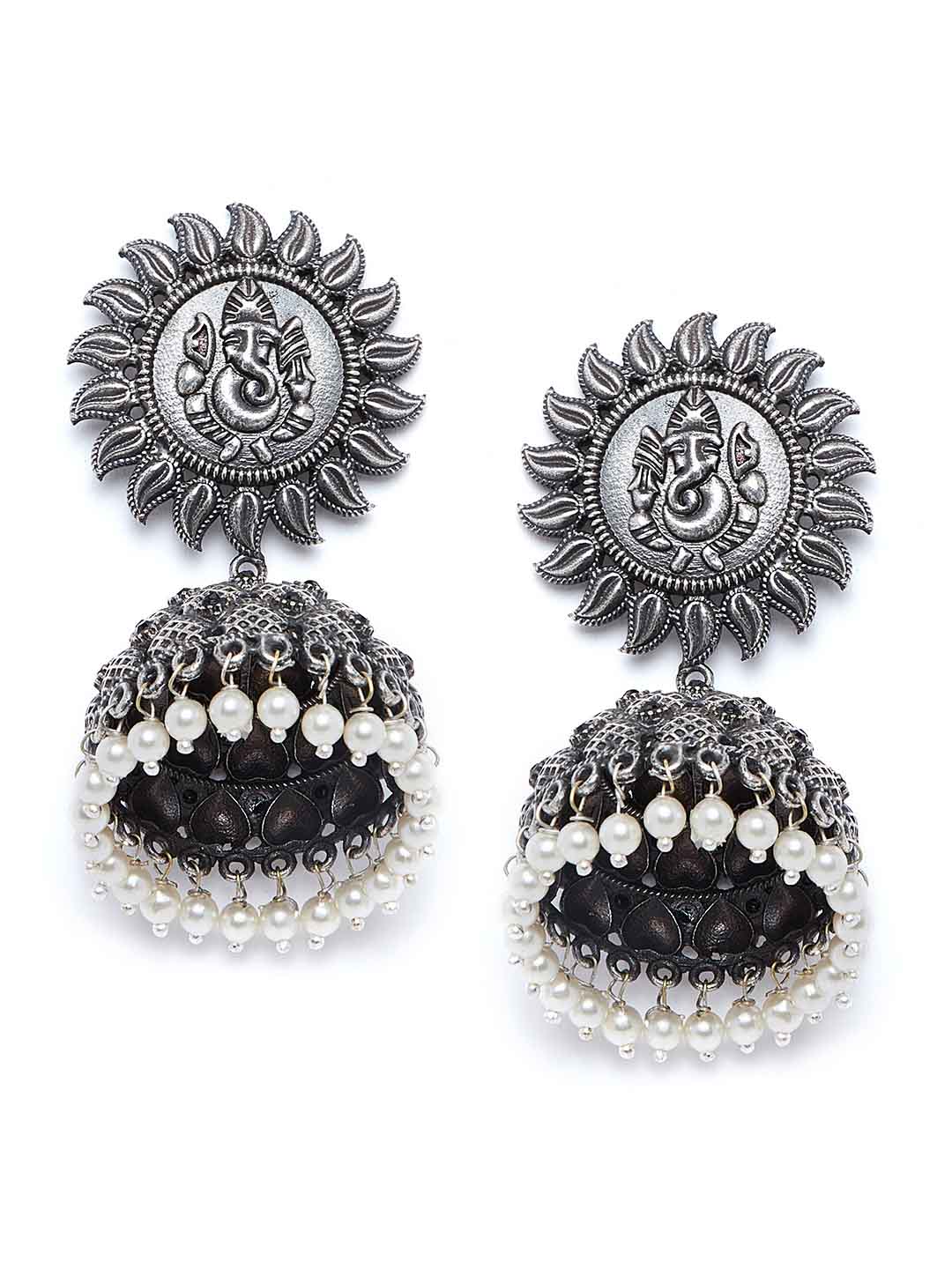 White Silver-Plated Oxidised Dome Shaped Jhumkas