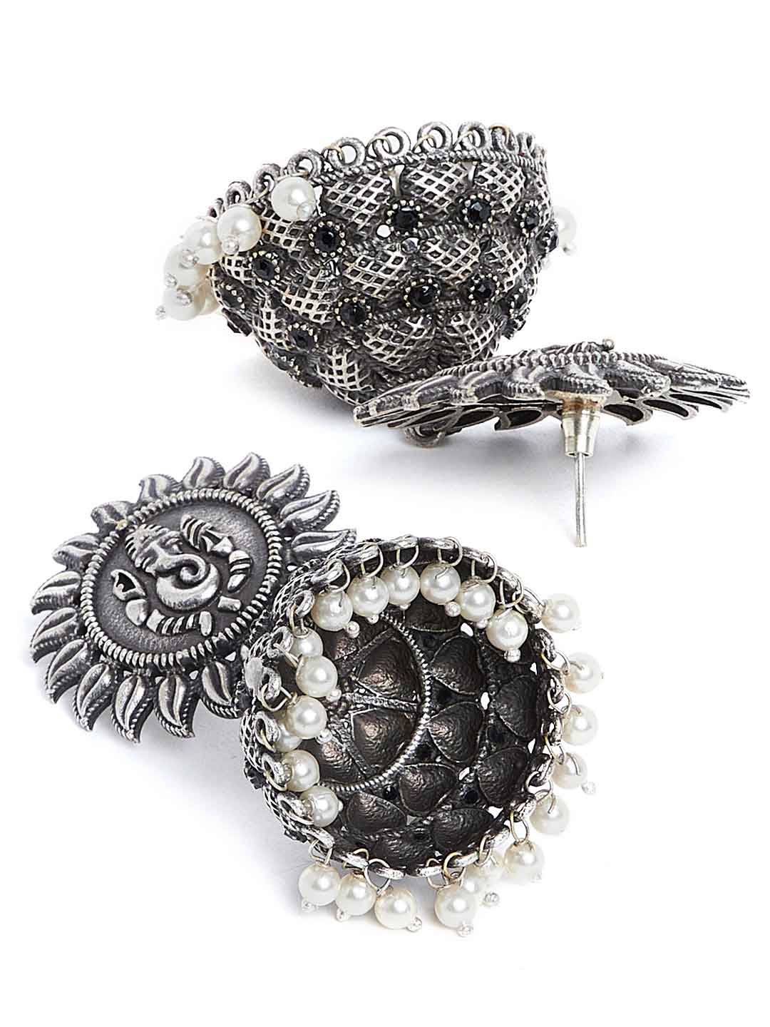 White Silver-Plated Oxidised Dome Shaped Jhumkas