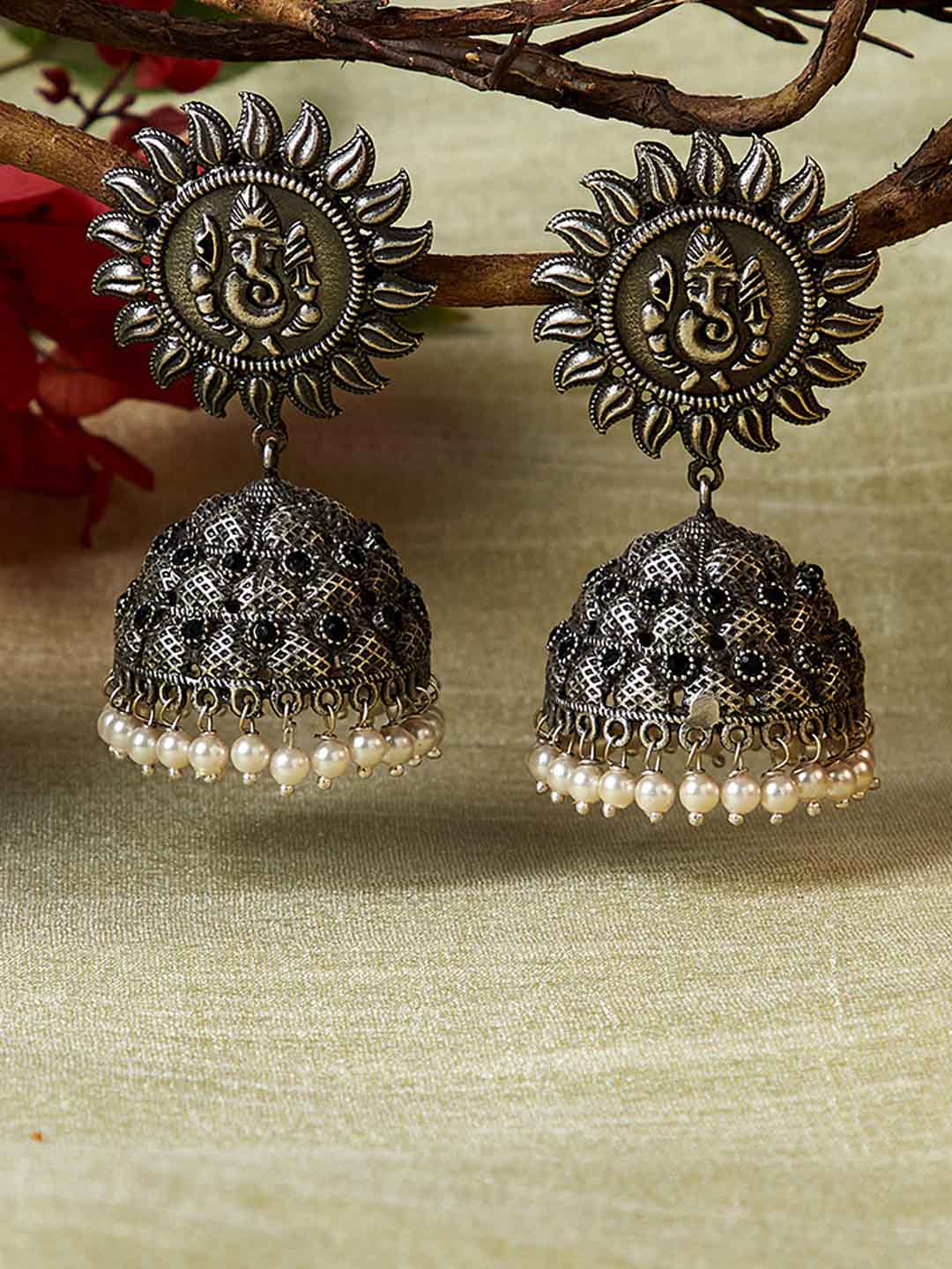 White Silver-Plated Oxidised Dome Shaped Jhumkas