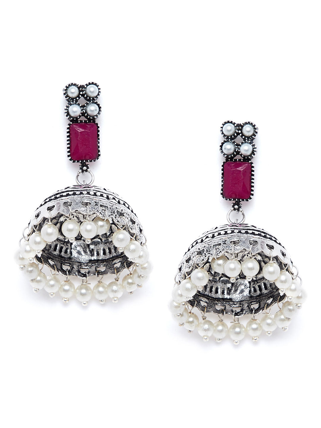 Silver-Plated & Pink Oxidised Jhumkas