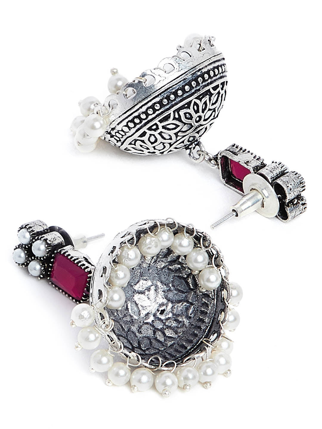 Silver-Plated & Pink Oxidised Jhumkas