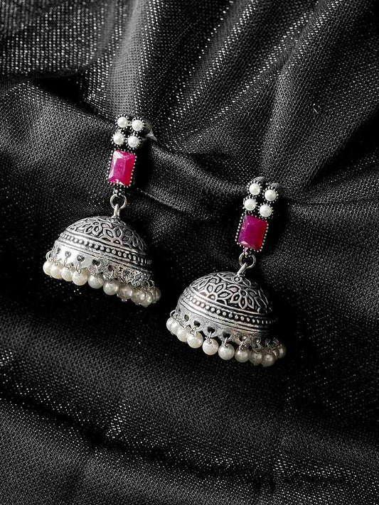 Silver-Plated & Pink Oxidised Jhumkas