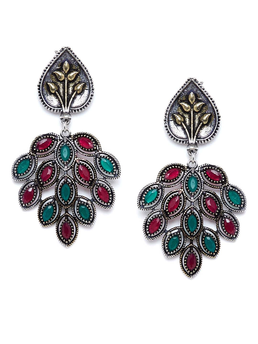 Silver-Plated & Red Oxidised Leaf Shaped Drop Earrings