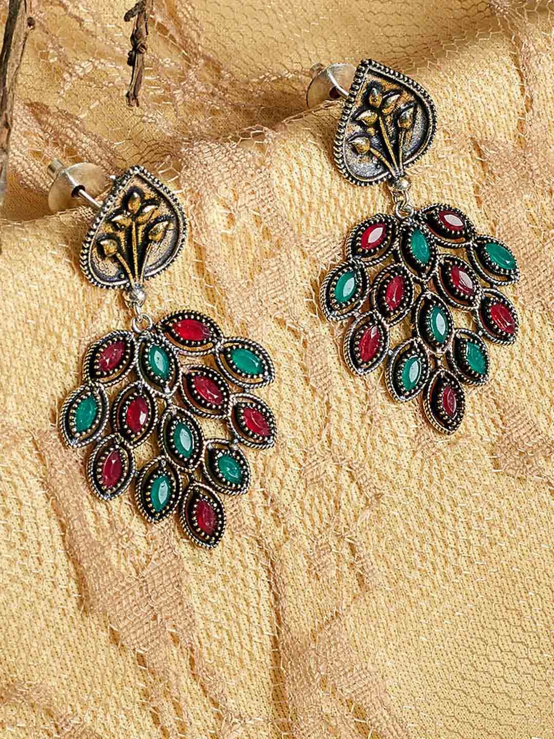 Silver-Plated & Red Oxidised Leaf Shaped Drop Earrings