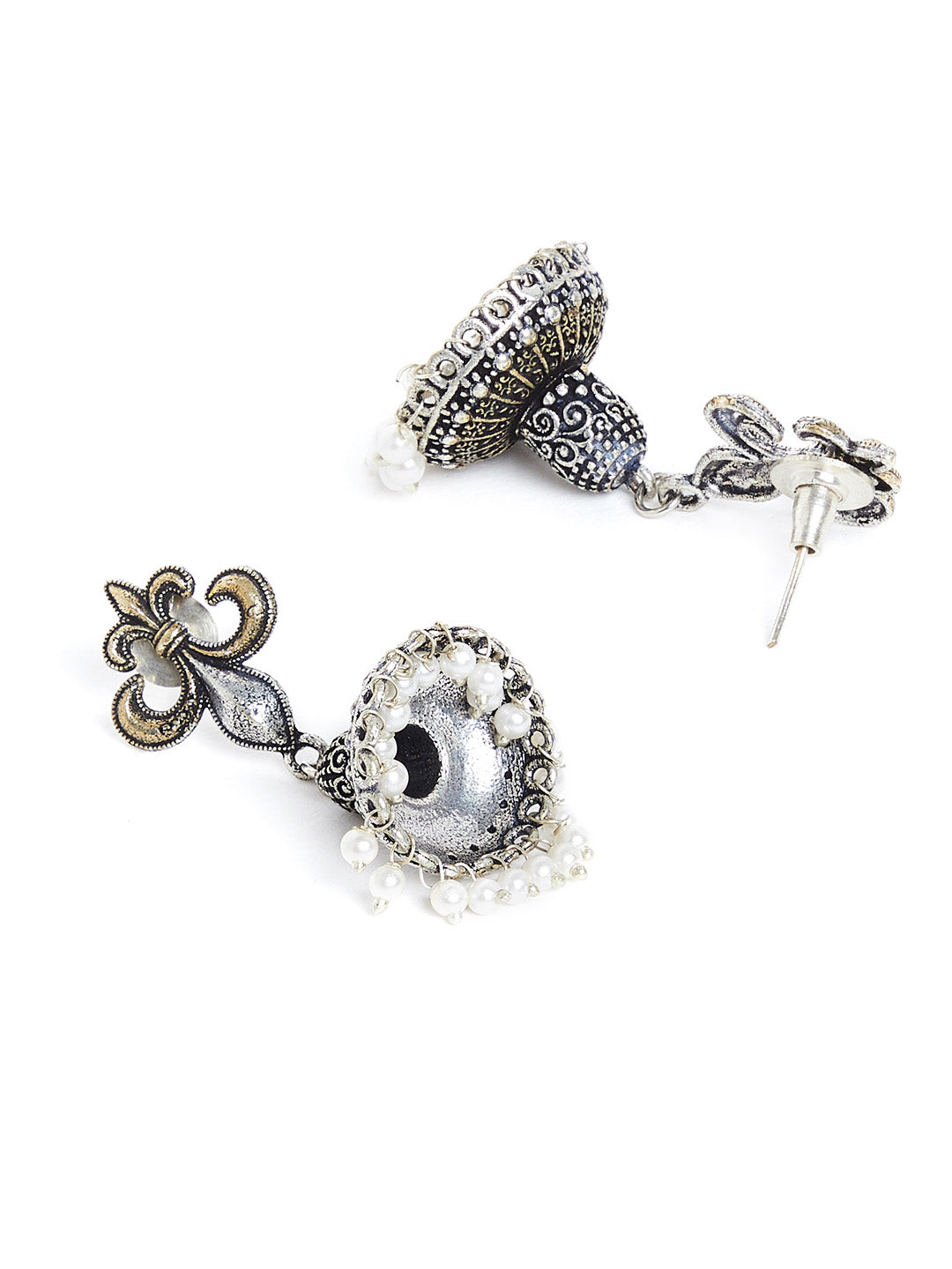 Silver-Plated & White Dome Shaped Oxidised Jhumkas