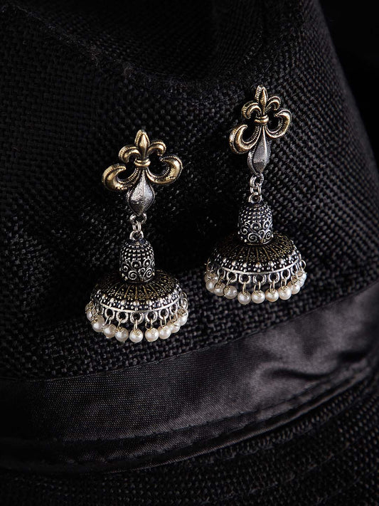 Silver-Plated & White Dome Shaped Oxidised Jhumkas