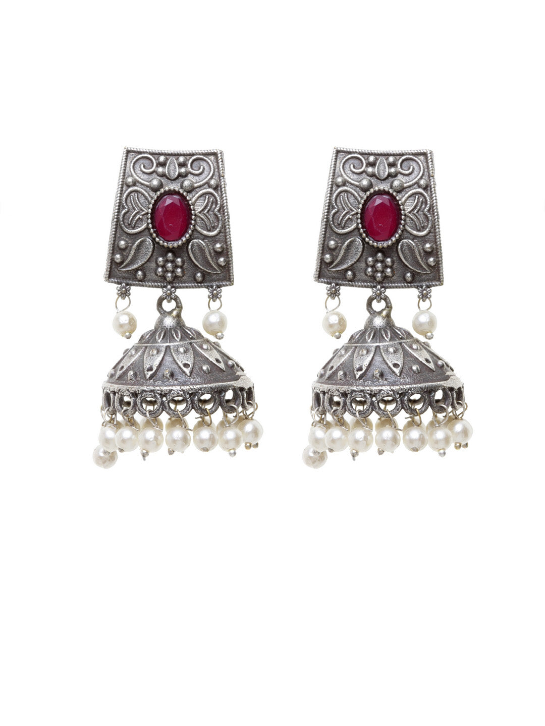 Silver-Plated Oxidized & Pink Dome Shaped Jhumkas