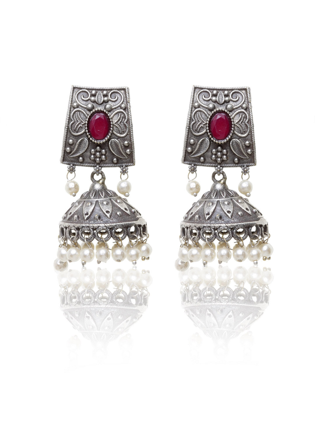 Silver-Plated Oxidized & Pink Dome Shaped Jhumkas