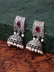 Silver-Plated Oxidized & Pink Dome Shaped Jhumkas