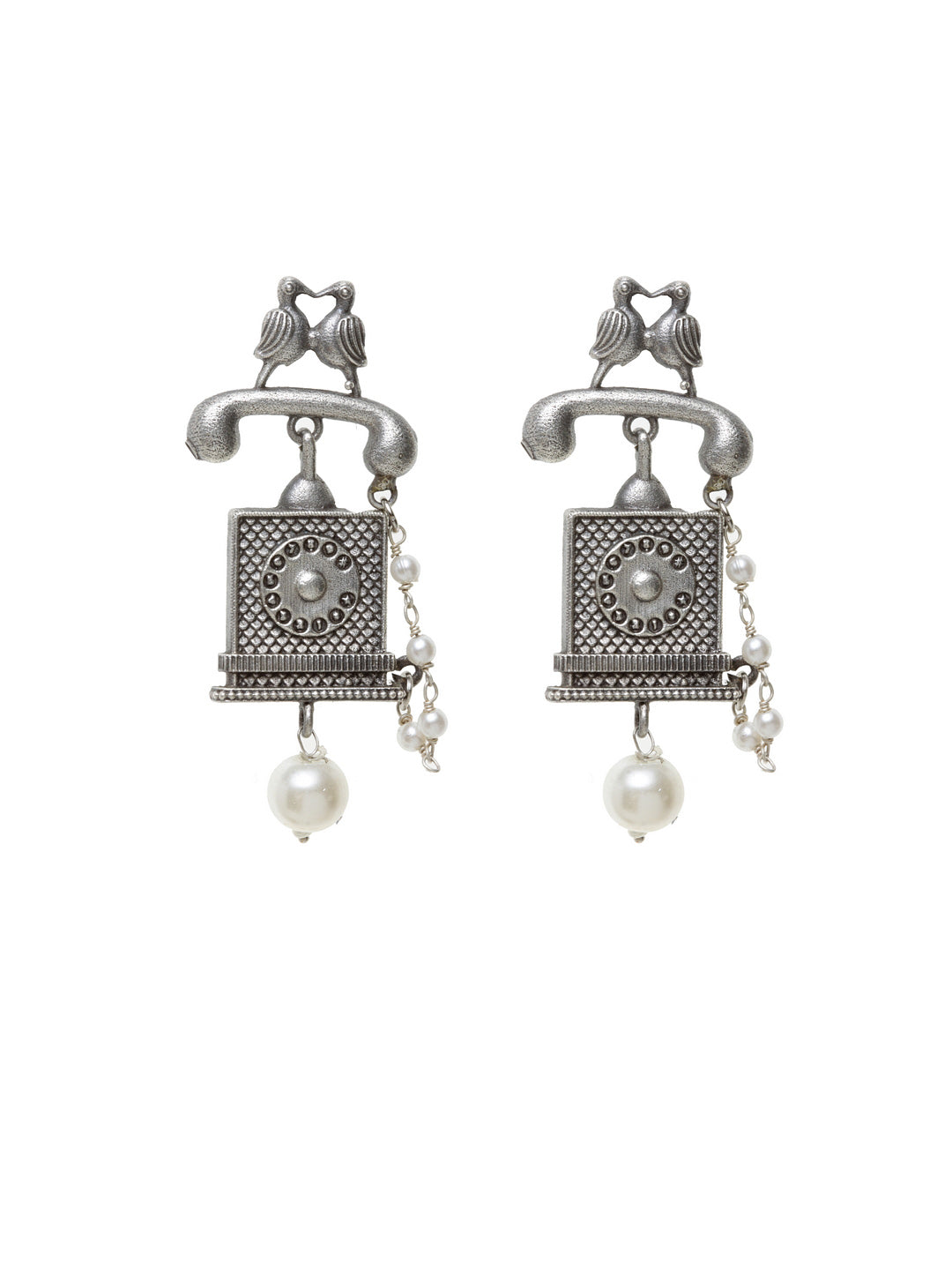 Women Oxidized Silver-Plated Off-White Square Jhumkas